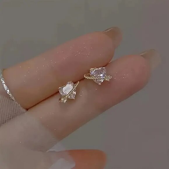 Pink Heart Earrings with Diamond Simulant Accents - Picture 2 of 5